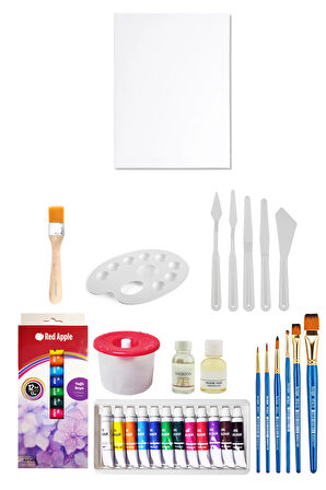 Red Apple Tüp Yağlı Boya Seti 12'li Plastik Spatula Seti 6'lı 25x35 Tuval Seti