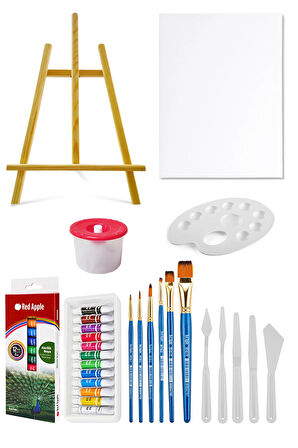 Masaüstü Şövale Akrilik Boya Seti 9 ml 12'li Tuval Seti 35x50 Plastik Spatula Seti