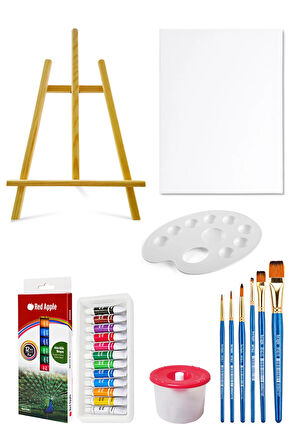 Masaüstü Şövale Akrilik Boya Seti 9 ml 12'li Tuval Seti 35x50 Tuval