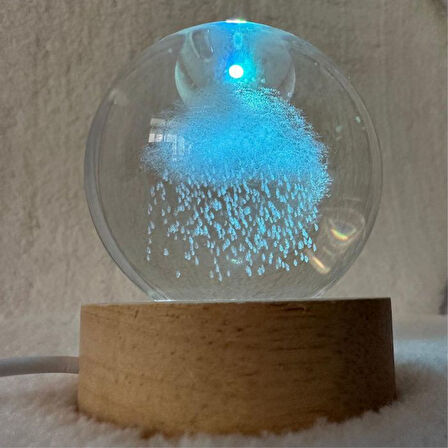 Uretti - Okay 5711 1205 Işıklı Ahşap Kare Kaideli Yağmur Bulut Temalı Cam Küre / 6 Cm