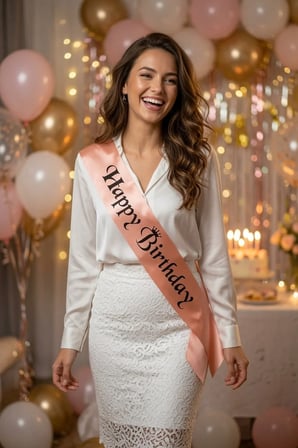 Happy Birthday Saten Kuşak Somon Üzeri Siyah Baskılı Doğum Günü Parti Kutlama Aksesuarı