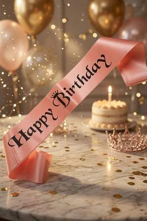Happy Birthday Saten Kuşak Somon Üzeri Siyah Baskılı Doğum Günü Parti Kutlama Aksesuarı