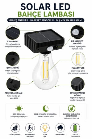 Solar LED Bahçe Lambası Hareket Sensörlü Güneş Enerjili Dış Mekan Duvar Aydınlatma Filament Ampullü