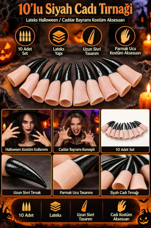Halloween Cadılar Bayramı Siyah Cadı Tırnağı 10'lu Lateks Uzun Sivri Parmak Ucu Kostüm Aksesuarı