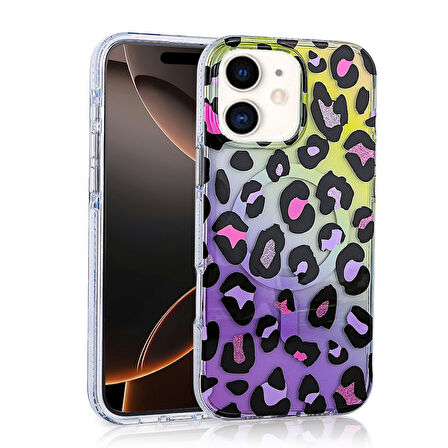 iPhone 12 Kılıf Magsafe Şarj Özellikli Desenli Leopar Jago Kapak