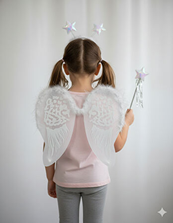 Beyaz Simli Melek Kanadı Taç ve Asa Seti – Tüylü Kostüm, Parti ve Fotoğraf Çekimi Aksesuarı