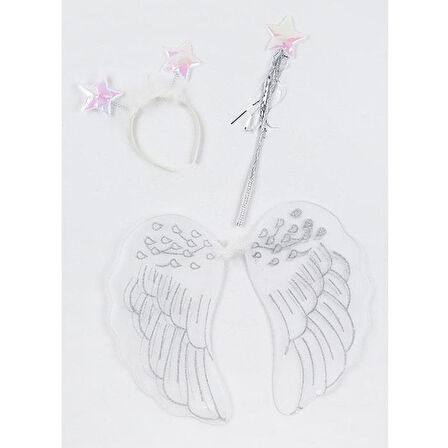 Beyaz Simli Melek Kanadı Taç ve Asa Seti – Tüylü Kostüm, Parti ve Fotoğraf Çekimi Aksesuarı