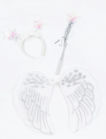 Beyaz Simli Melek Kanadı Taç ve Asa Seti – Tüylü Kostüm, Parti ve Fotoğraf Çekimi Aksesuarı