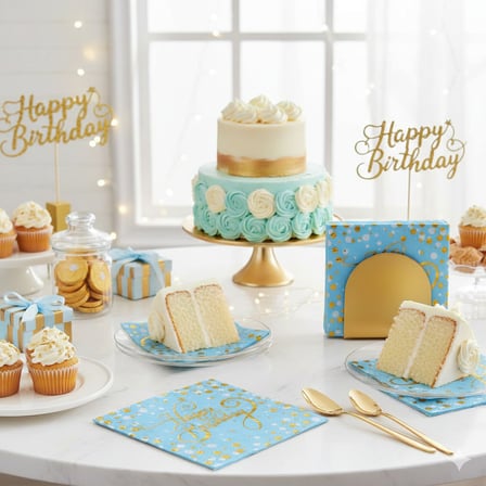 Varaklı Happy Birthday Yazılı Mavi Peçete Gold Üst Baskılı Doğum Günü Parti Peçetesi
