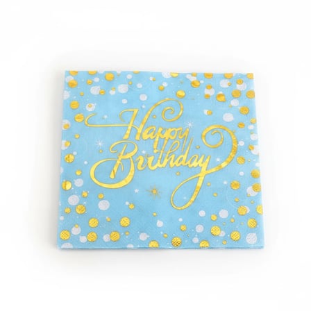 Varaklı Happy Birthday Yazılı Mavi Peçete Gold Üst Baskılı Doğum Günü Parti Peçetesi