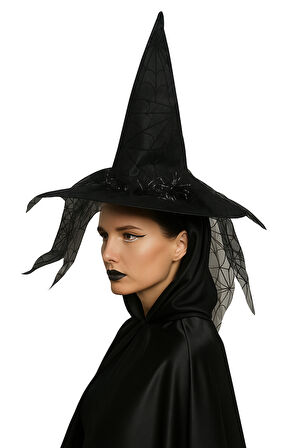 Hallowen Cadı Şapkası Baskılı Tüylü Simli Siyah Cadılar Bayramı Korku Şapkası