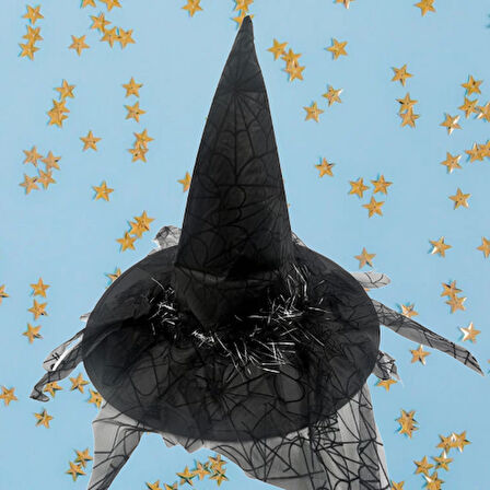 Hallowen Cadı Şapkası Baskılı Tüylü Simli Siyah Cadılar Bayramı Korku Şapkası