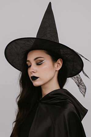 Hallowen Cadı Şapkası Baskılı Tüylü Simli Siyah Cadılar Bayramı Korku Şapkası