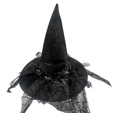Hallowen Cadı Şapkası Baskılı Tüylü Simli Siyah Cadılar Bayramı Korku Şapkası