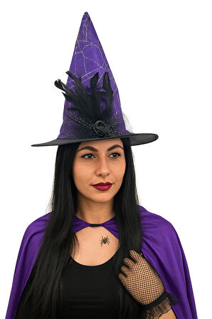 Hallowen Cadı Şapkası Çiçekli Tüylü Model Mor Renkli Cadılar Bayramı Şapkası