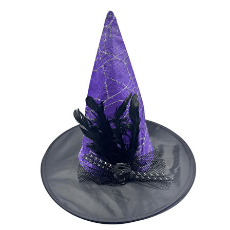Hallowen Cadı Şapkası Çiçekli Tüylü Model Mor Renkli Cadılar Bayramı Şapkası