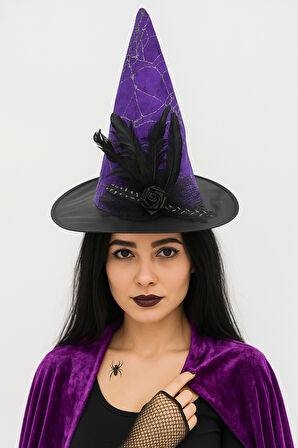 Hallowen Cadı Şapkası Çiçekli Tüylü Model Mor Renkli Cadılar Bayramı Şapkası