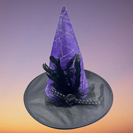 Hallowen Cadı Şapkası Çiçekli Tüylü Model Mor Renkli Cadılar Bayramı Şapkası