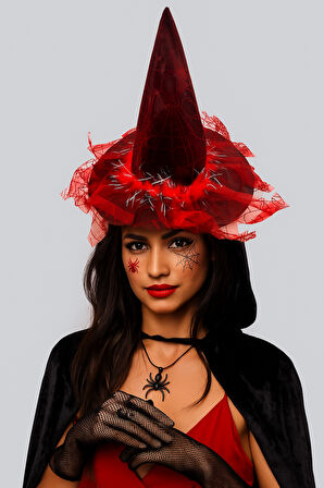 Hallowen Cadılar Bayramı Cadı Şapkası Örümcek Ağı Baskılı Tüylü Simli Kırmızı Parti Kostümü