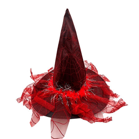 Hallowen Cadılar Bayramı Cadı Şapkası Örümcek Ağı Baskılı Tüylü Simli Kırmızı Parti Kostümü