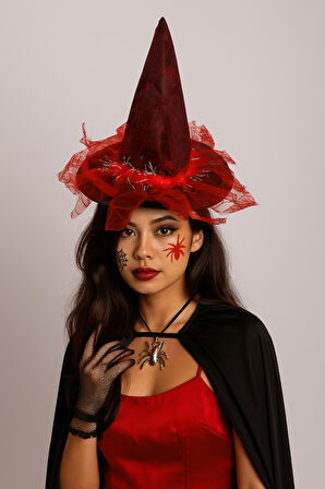 Hallowen Cadılar Bayramı Cadı Şapkası Örümcek Ağı Baskılı Tüylü Simli Kırmızı Parti Kostümü