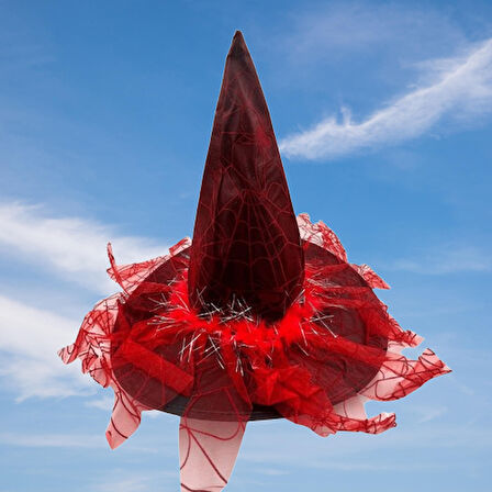 Hallowen Cadılar Bayramı Cadı Şapkası Örümcek Ağı Baskılı Tüylü Simli Kırmızı Parti Kostümü