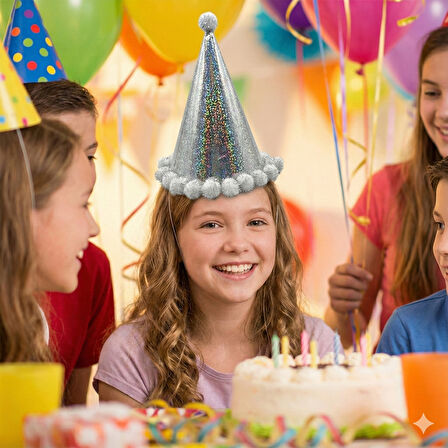 40 cm Baş Çevresi – 25 cm Hologramlı Gümüş Ponponlu Happy Birthday Doğum Günü Şapkası