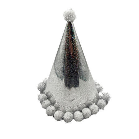 40 cm Baş Çevresi – 25 cm Hologramlı Gümüş Ponponlu Happy Birthday Doğum Günü Şapkası