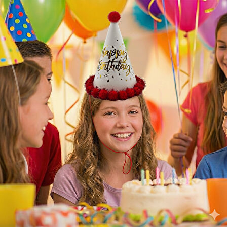 40 cm Baş Çevresi – 25 cm Kırmızı Varaklı Ponponlu Happy Birthday Doğum Günü Şapkası
