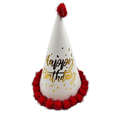 40 cm Baş Çevresi – 25 cm Kırmızı Varaklı Ponponlu Happy Birthday Doğum Günü Şapkası
