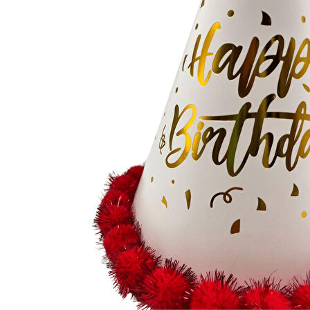 40 cm Baş Çevresi – 25 cm Kırmızı Varaklı Ponponlu Happy Birthday Doğum Günü Şapkası