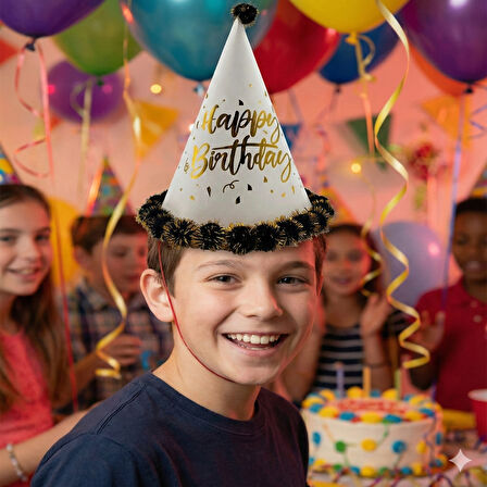 40 cm Baş Çevresi – 25 cm Beyaz Varaklı Ponponlu Happy Birthday Doğum Günü Şapkası