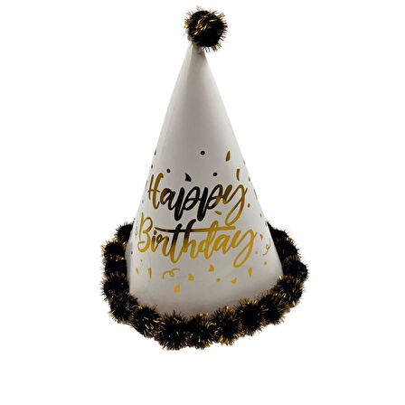 40 cm Baş Çevresi – 25 cm Beyaz Varaklı Ponponlu Happy Birthday Doğum Günü Şapkası