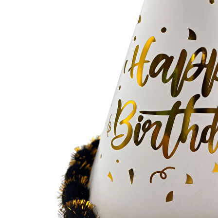 40 cm Baş Çevresi – 25 cm Beyaz Varaklı Ponponlu Happy Birthday Doğum Günü Şapkası