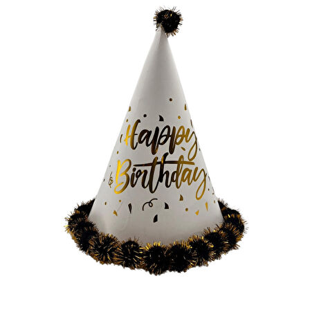 40 cm Baş Çevresi – 25 cm Beyaz Varaklı Ponponlu Happy Birthday Doğum Günü Şapkası
