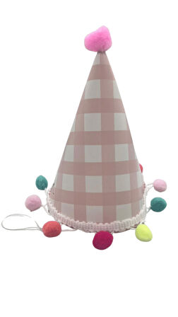 Parti Şapkası Ponponlu Ekoseli Pembe model  17cm Küçük Doğum Günü Şapkası