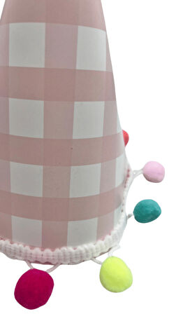 Parti Şapkası Ponponlu Ekoseli Pembe model  17cm Küçük Doğum Günü Şapkası