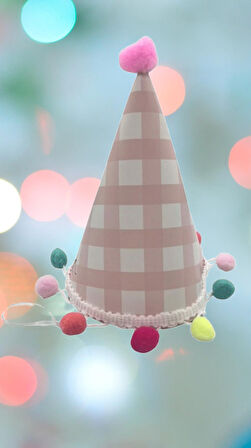 Parti Şapkası Ponponlu Ekoseli Pembe model  17cm Küçük Doğum Günü Şapkası