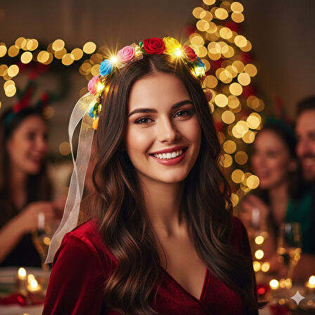 Taç çember renkli çiçekli ışıklı şifon kurdeleli