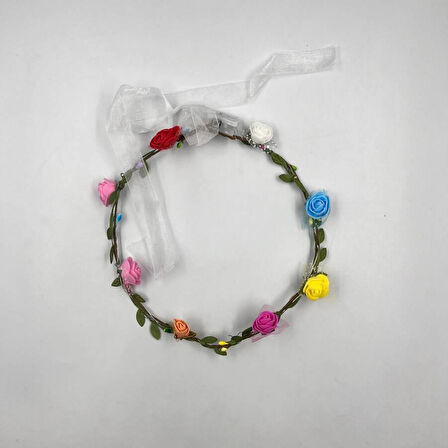 Taç çember renkli çiçekli ışıklı şifon kurdeleli