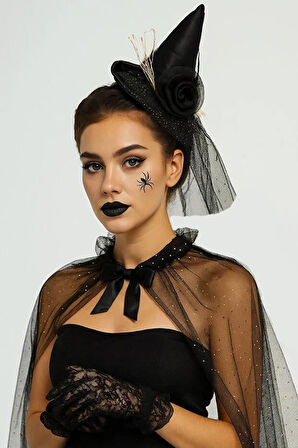 Halloween Cadılar Bayramı Taç Mini Cadı Şapkalı Tüllü Güllü Siyah 