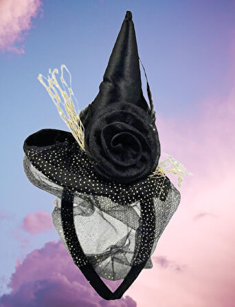 Halloween Cadılar Bayramı Taç Mini Cadı Şapkalı Tüllü Güllü Siyah 