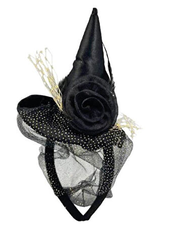 Halloween Cadılar Bayramı Taç Mini Cadı Şapkalı Tüllü Güllü Siyah 