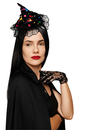 Halloween  Cadılar Bayramı Taç Mini Cadı Şapkası Tüllü Renkli Model Parti Aksesuarı