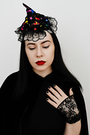 Halloween  Cadılar Bayramı Taç Mini Cadı Şapkası Tüllü Renkli Model Parti Aksesuarı