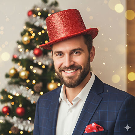 56 cm Baş Çevresi Kırmızı Simli Gofrajlı Sihirbaz Silindir Şapka – Parti ve Yılbaşı Şapkası