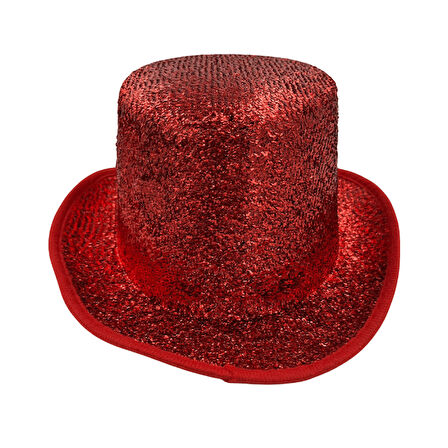 56 cm Baş Çevresi Kırmızı Simli Gofrajlı Sihirbaz Silindir Şapka – Parti ve Yılbaşı Şapkası