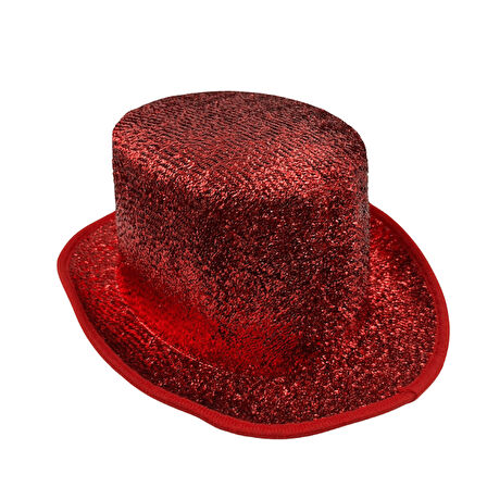 56 cm Baş Çevresi Kırmızı Simli Gofrajlı Sihirbaz Silindir Şapka – Parti ve Yılbaşı Şapkası