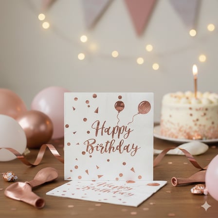 Varaklı Happy Birthday Yazılı Peçete - Beyaz Zemin Rose Gold Baskı