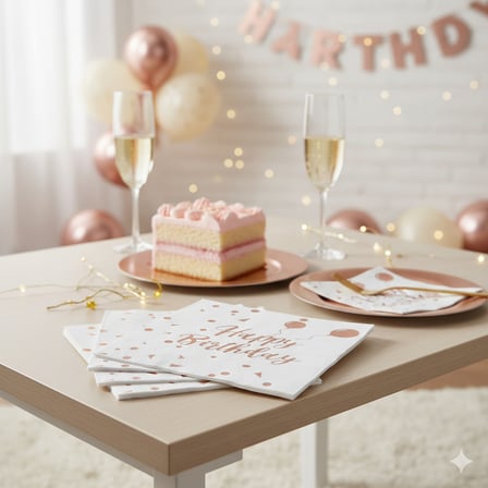 Varaklı Happy Birthday Yazılı Peçete - Beyaz Zemin Rose Gold Baskı